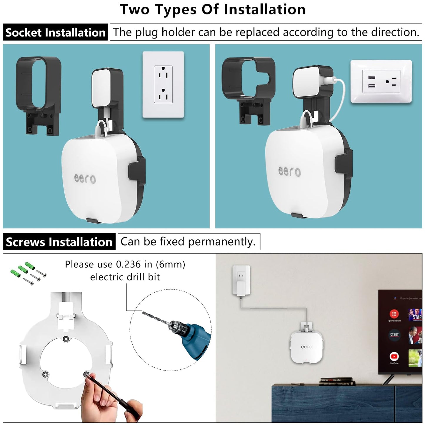 for Amazon eero Pro 6E & Pro 6 mesh Wi-Fi 6 Router Wall Mount Bracket Two Types of Install with Cable Storage and Space Saving Fits The eero Pro 6