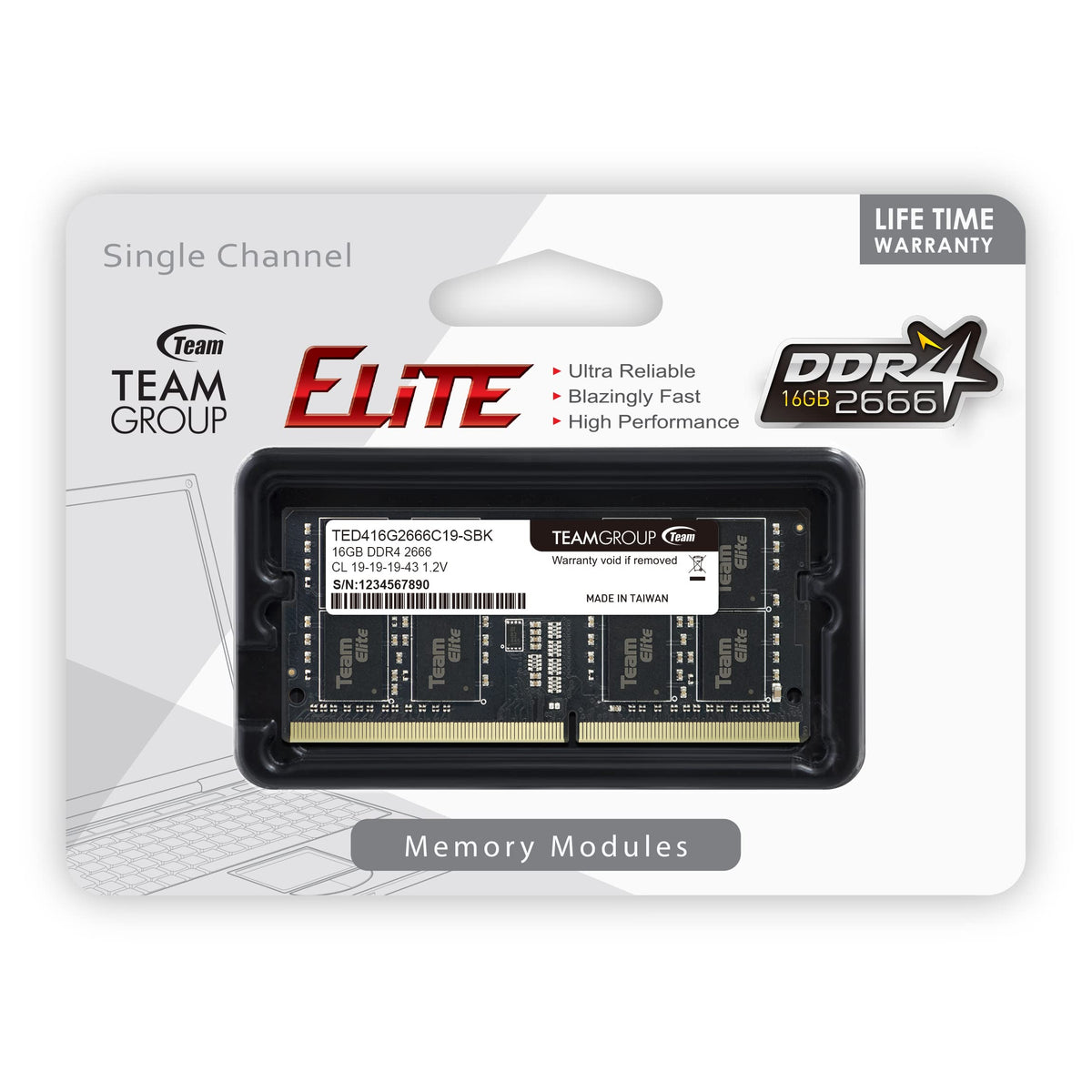 TEAMGROUP Elite DDR4 16GB Single 2666MHz PC4-21300 CL19 SODIMM 260-Pin Laptop Memory Module Ram - TED416G2666C19-S01