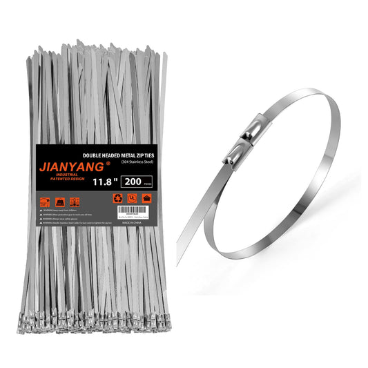 Metal Zip Ties (200PCS 11.8 Inch), 304 Stainless Steel, 300 LBS Heavy Duty Double Headed Self-locking Multi-Purpose Cable Ties for Exhaust Wrap, Chain