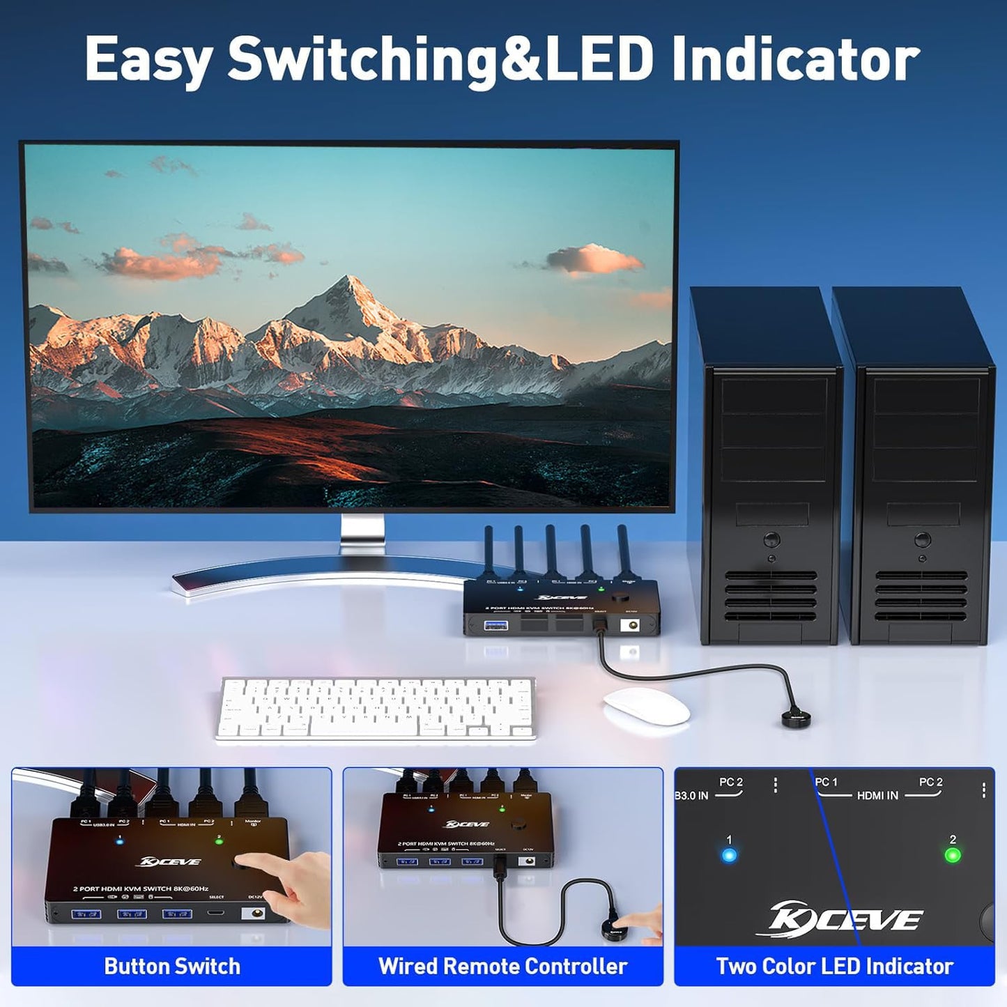 8K HDMI KVM Switch 1 Monitors 2 Computers, 8K@60Hz/4K@120Hz KVM Switch for 2 Computers Sharing 1 Monitors, Keyboard, Mouse,with 2 USB