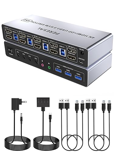 PERESAL USB 3.0 HDMI+Displayport KVM Switch for 4 Computers and 2 Monitors, 4 Port Dual Monitor, 4K@60Hz Support with EDID, Audio?Microphone?and 3 USB