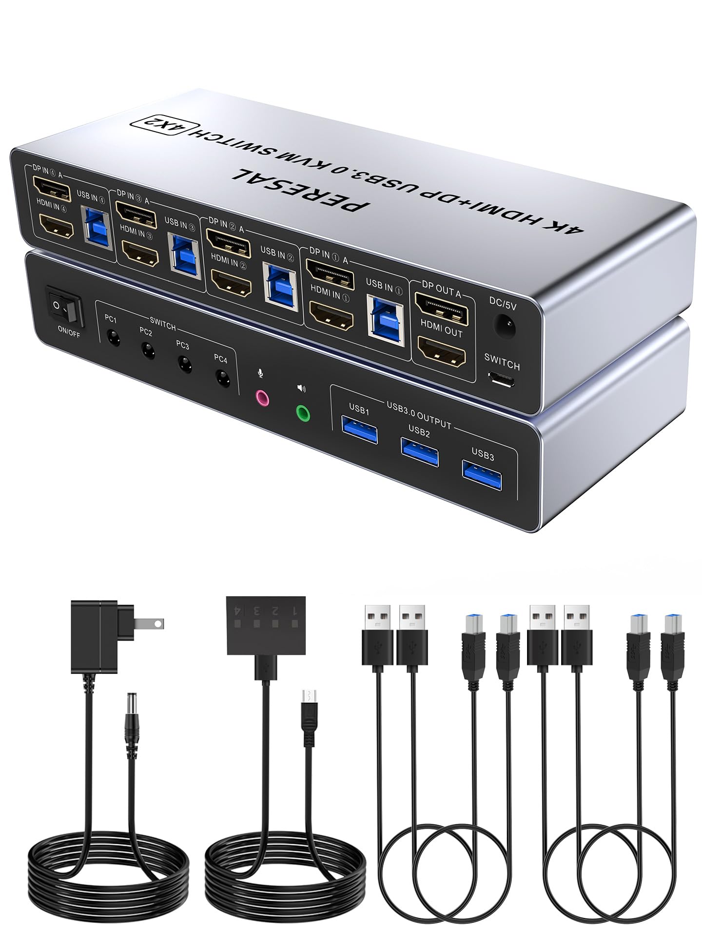 PERESAL USB 3.0 HDMI+Displayport KVM Switch for 4 Computers and 2 Monitors, 4 Port Dual Monitor, 4K@60Hz Support with EDID, Audio?Microphone?and 3 USB