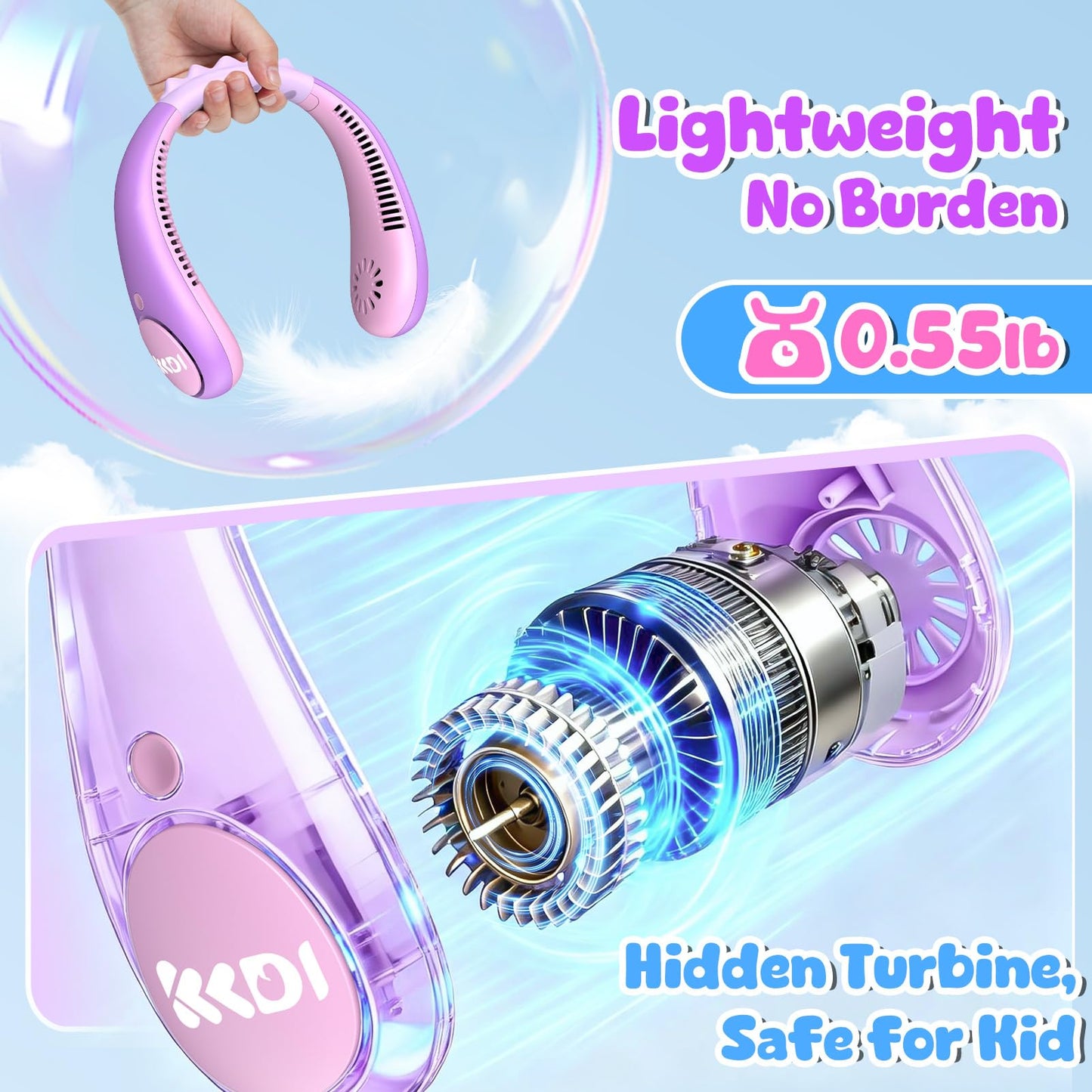 Kids Portable Neck Fan, Bladeless Fan for Kids, Safe Kids Rechargeable Cooling Fan for 4-14Y Girls, 2600mAh Personal Fans for Your Neck, 4 Speeds