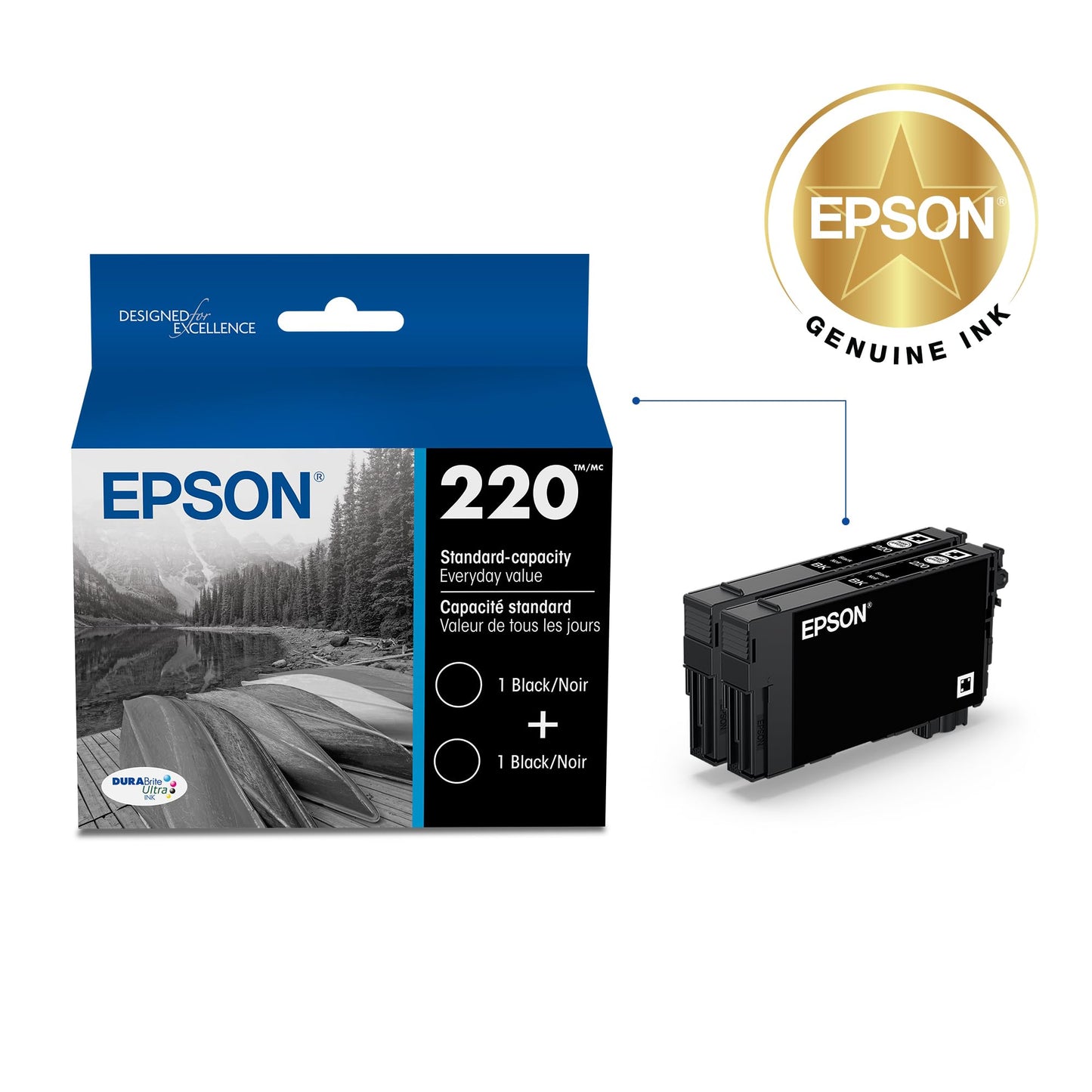 EPSON 220 DURABrite Ultra Ink Standard Capacity Black Dual Cartridge Pack (T220120-D2) Works with WorkForce WF-2630,2650, 2660, 2750, 2760