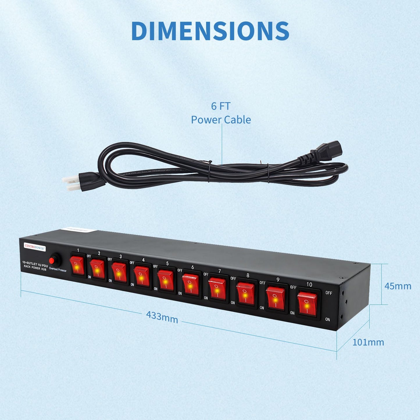 1U PDU Horizontal Rack Mount Power Strip - Surge Protector 10 NEMA 5-15R Outlet 100V-240V/15A 1800 Joules, 10 Independent LED Switches, w/6ft Cord