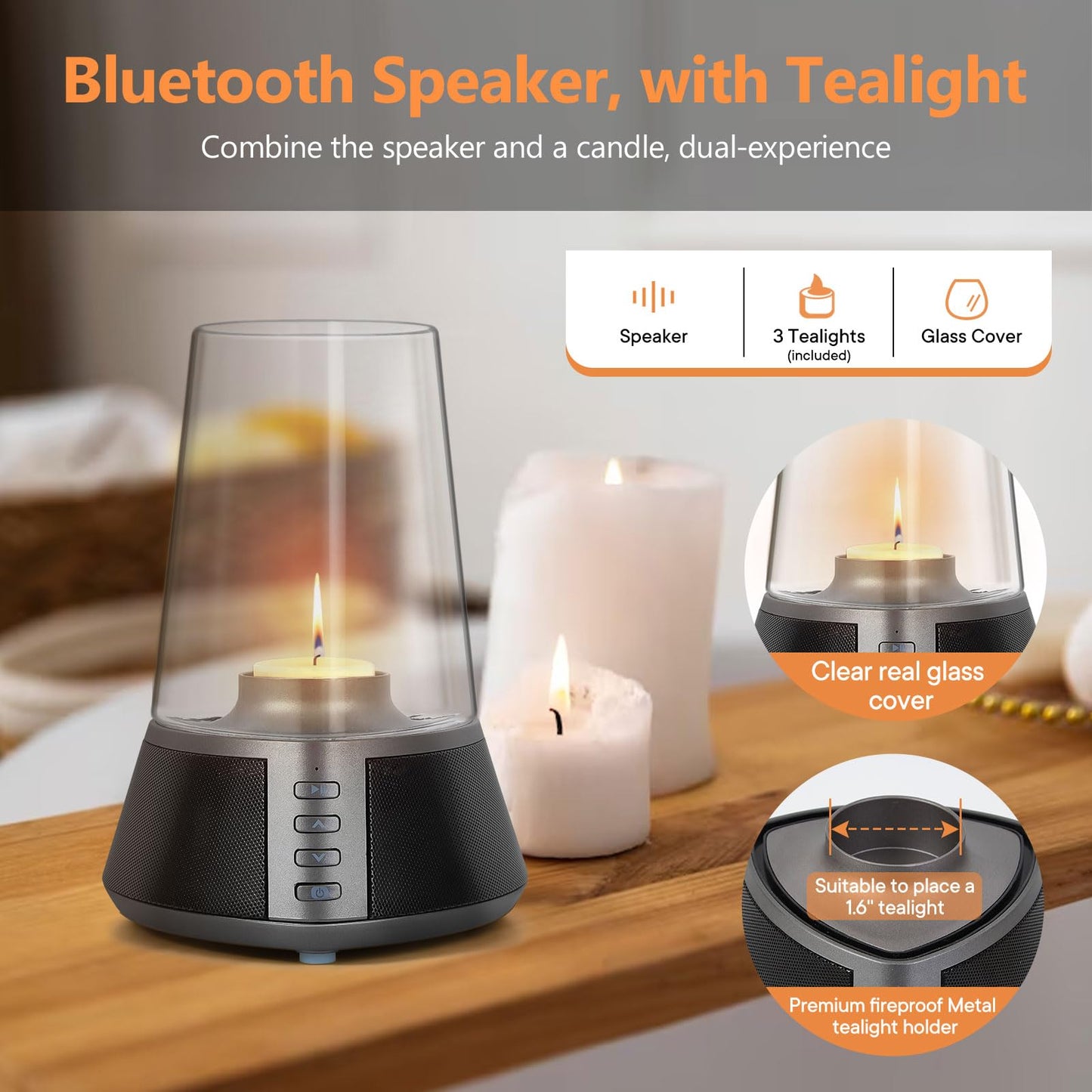 Mufoli Portable Bluetooth Speaker, Wireless Speaker with Candle Holders,10W Powerful 360° Sound Speaker, TWS Pairing, SD Playback,Real Clear Glass