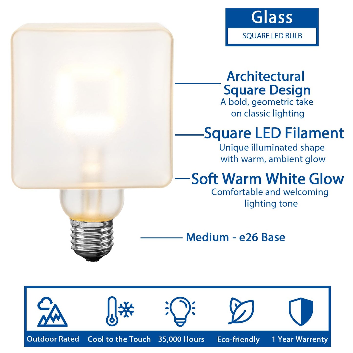 Festive Living LED Cube Light, Unique Edison Bulb with Square Filament