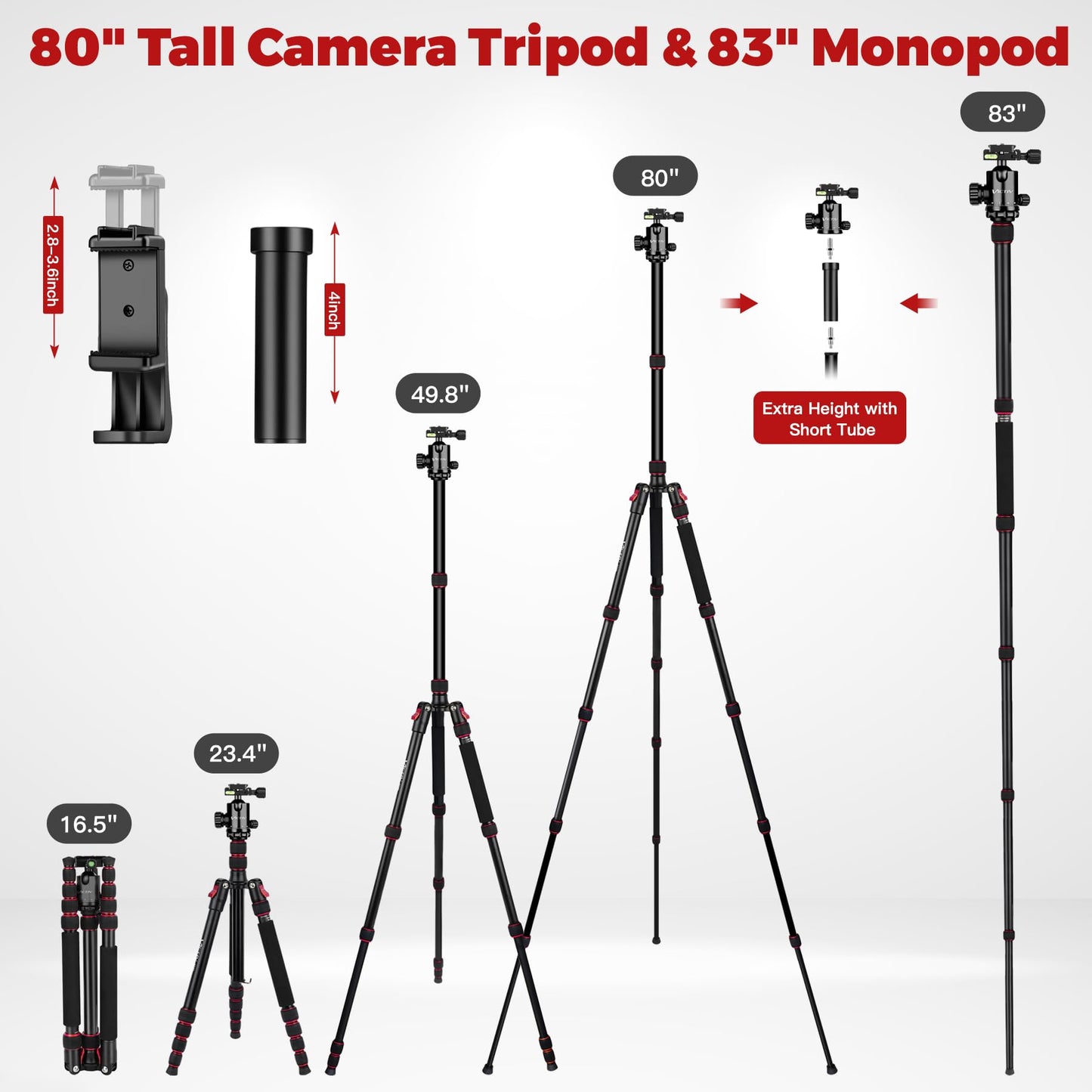 Camera Tripod, 80" Aluminum Heavy Duty Camera Tripod Stand with 360° Ball Head, Phone Holder & Carry Bag, Professional Camera Tripods & Monopods