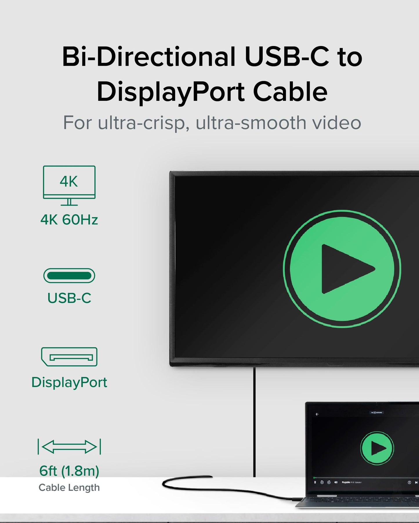 Plugable USB C to DisplayPort Bi Directional Cable 6 feet (1.8m), Up to 4K at 60Hz, USB C DisplayPort Cable - Compatible with Thunderbolt and USB-C