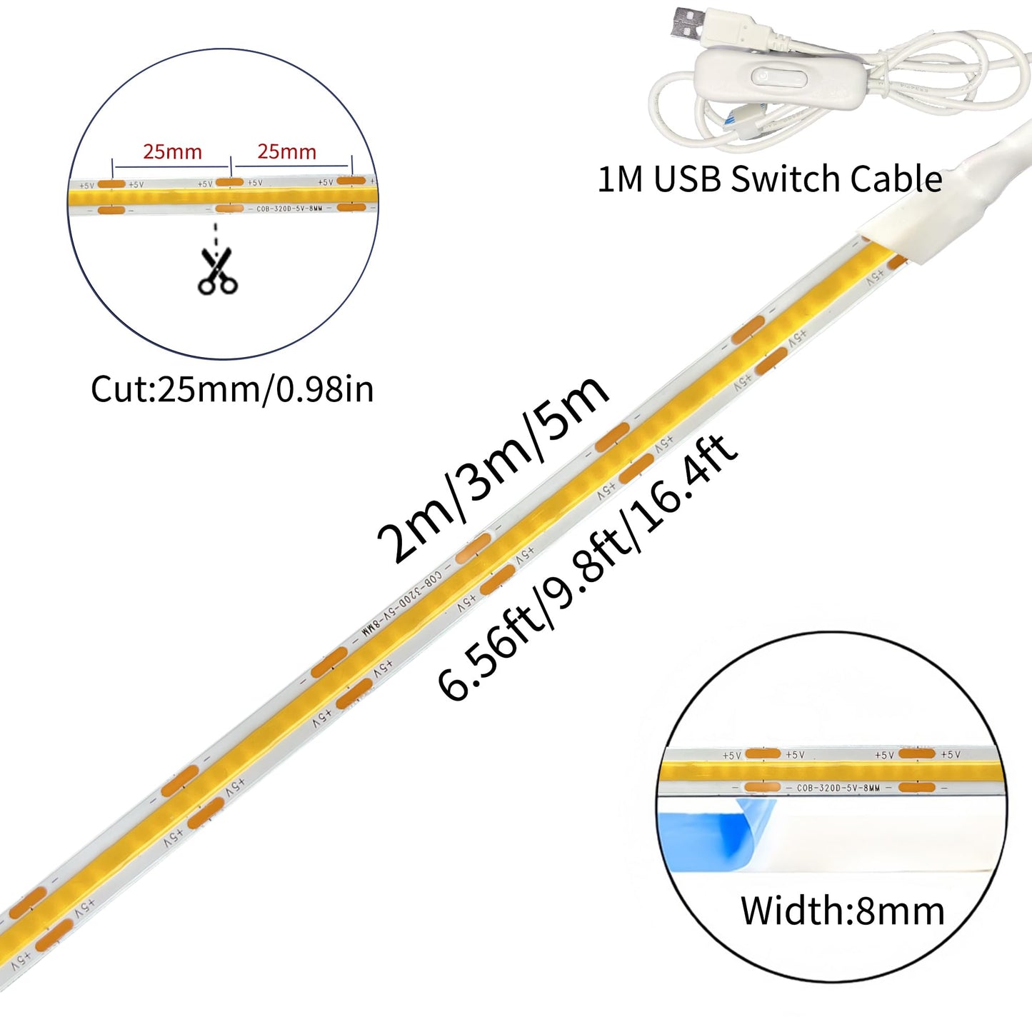 Clearhill 5V USB COB LED Strip Lights with Switch 2Packs,16.4FT/5M,Cool White 6500K,320LEDs/M,8mm Width,Not Waterproof IP20,1M USB Cable,for DIY Home