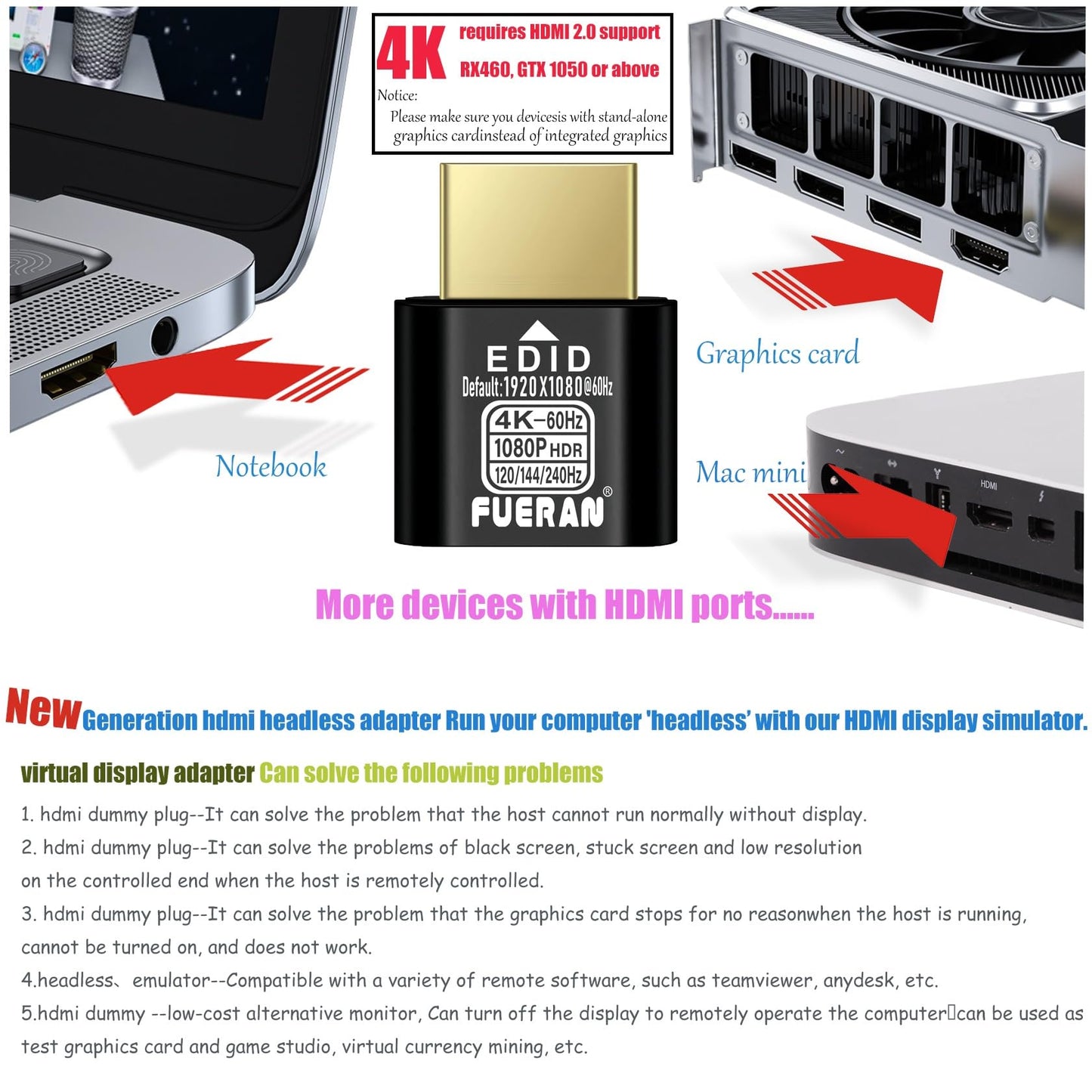 FUERAN NEW HDMI Dummy Plug 4K HDR,4K@60Hz?1440P@120/144Hz?1080P@120/144/240Hz?edid Emulator Virtual Display Adapter,hdmi Headless