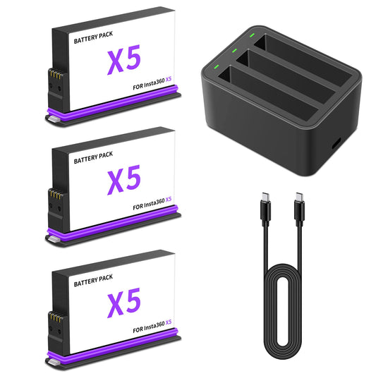 Battery Charger Set, 3-Pack Camera Battery Compatible for Insta360 X5, Support 3-Channel Fast Charger Hub simultaneously for Battery with Type-C Cable