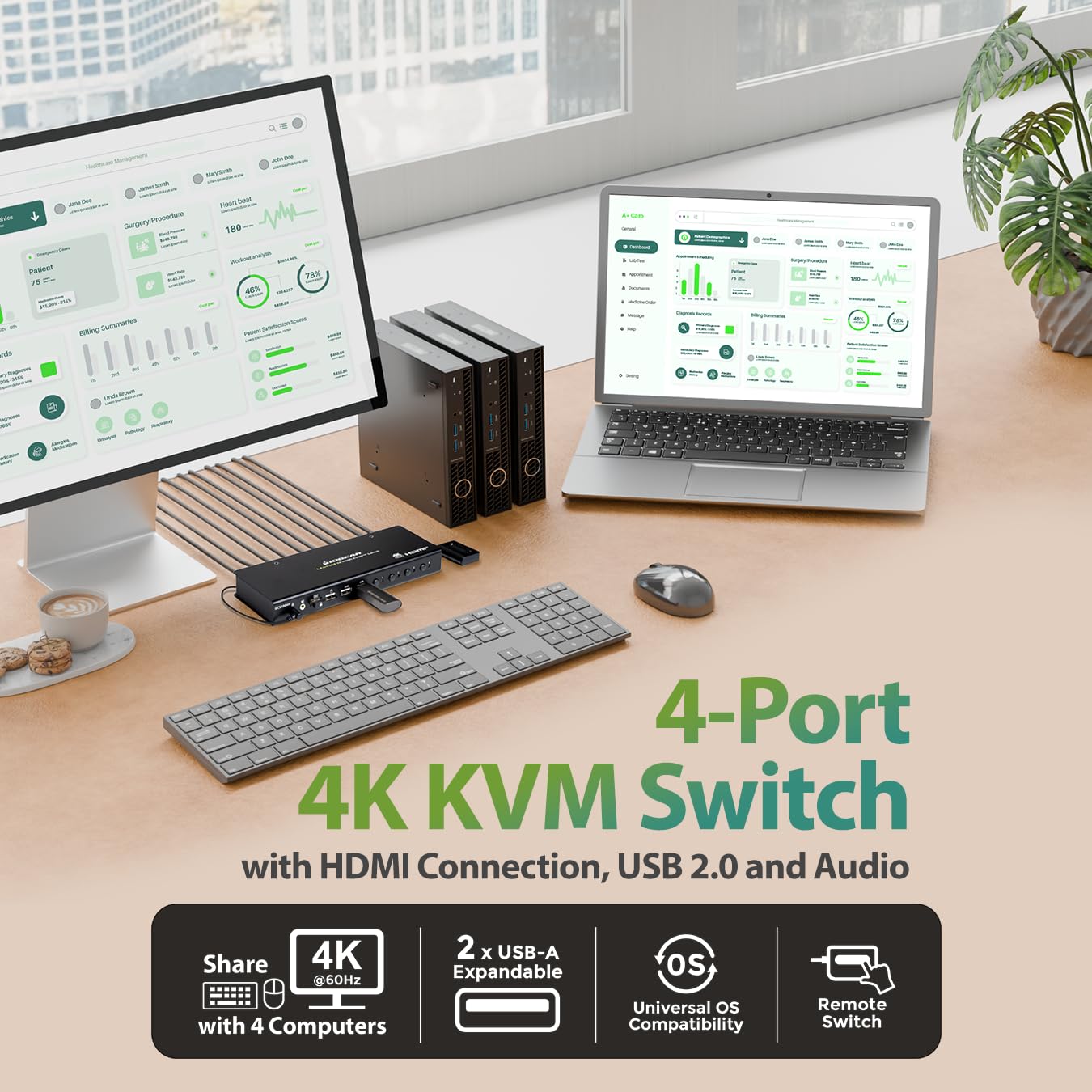 IOGEAR 4-Port 4K KVM Switch with HDMI Connection, Control 4 Computers with one Monitor, Keyboard, & Mouse - up to 4096x2160 @60 Hz or 5120x1440 @60Hz