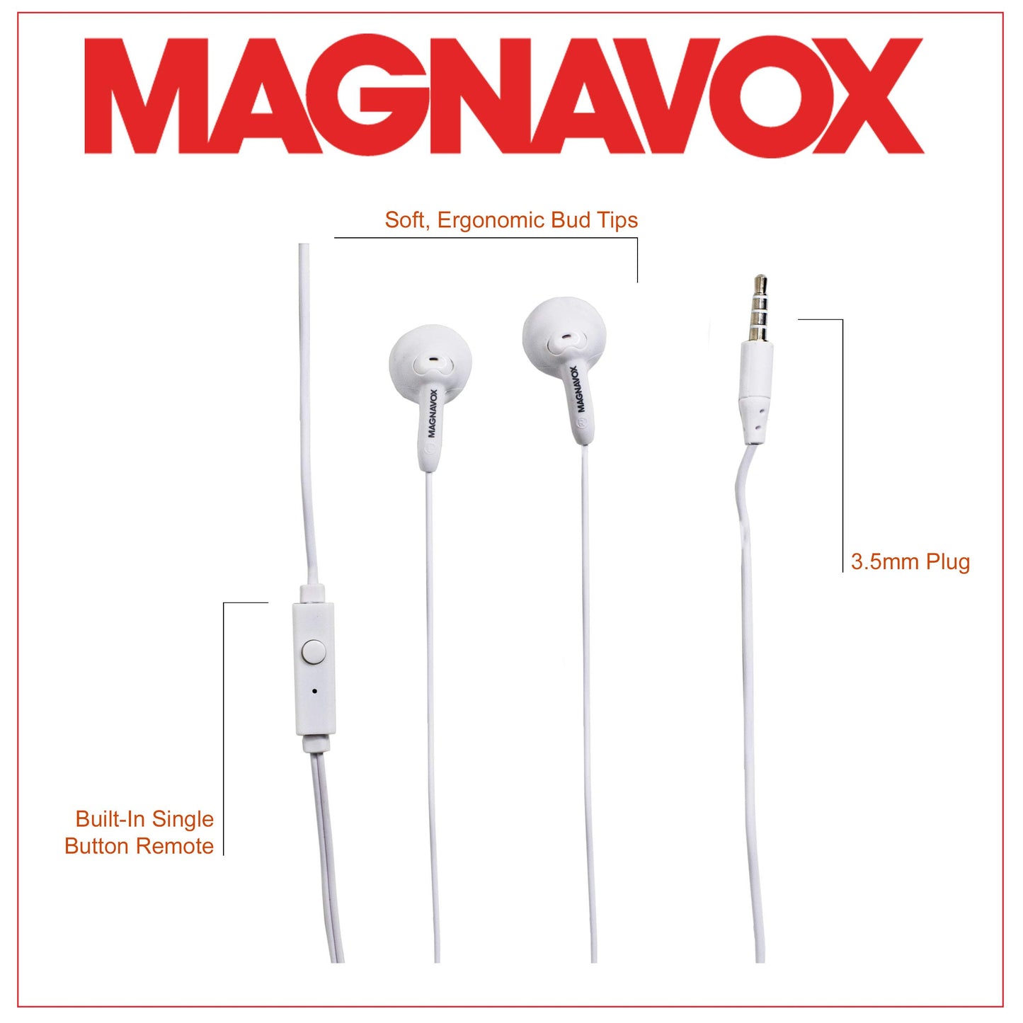 Magnavox White MHP4820M-WH 3.5mm Connector Silicone Stereo Earbuds with Microphone