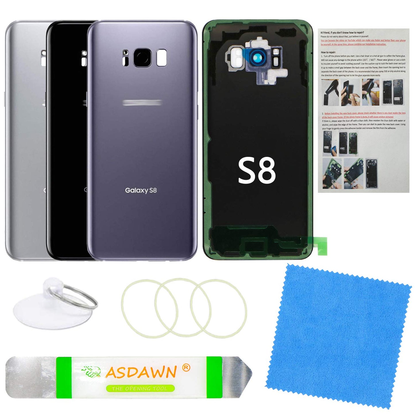 Galaxy S8 Back Glass Cover Replacement Housing Door with Pre-Installed Camera Lens + Installation Manual + Repair Tool Kit for Samsung Galaxy S8