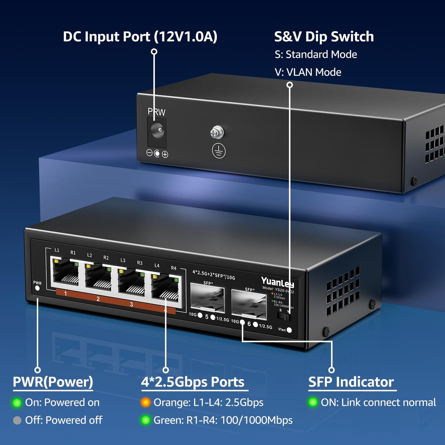 6 Port 2.5G Unmanaged Ethernet Switch, 4 x 2.5G Base-T Ports, 2 x 10G SFP, Compatible with 100/1000/2500Mbps, VLAN, Fanless, Desktop/Wall Mount