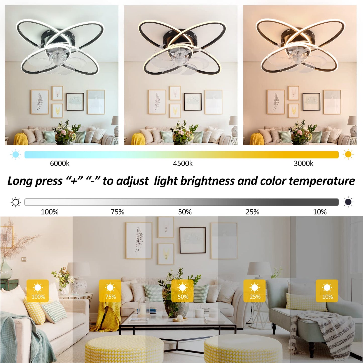 WWahuayuan Modern Ceiling Fan with Lights Remote Control, Silent 6 Speed 3 Color Dimmable Ceiling Fan Lamp Fandelier with Invisible Blades for Living