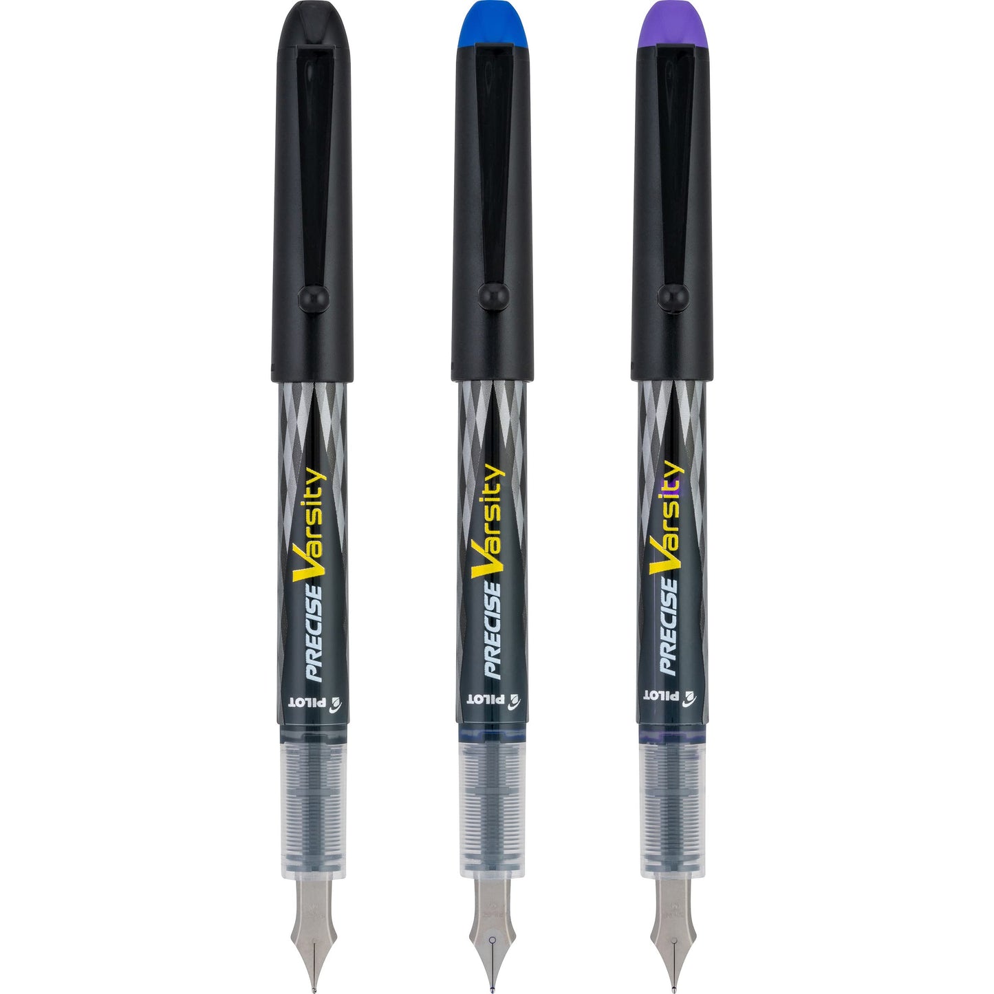 Pilot Precise Varsity Pre-Filled Fountain Pens for Writing, Medium Point Stainless Steel Nib, Black/Blue/Purple Ink, 1.0mm, 3-Pack