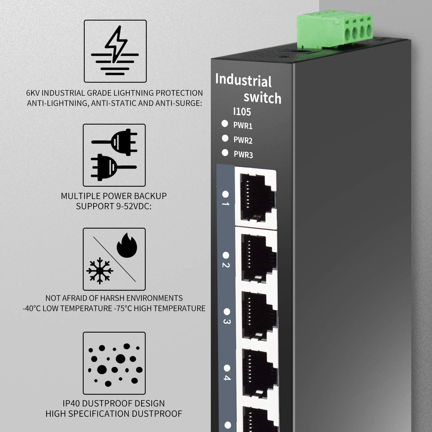 STEAMEMO 5-Port Industrial Ethernet Switch | DIN-Rail Mount | 100Mbps Ports + 1Gbps Switching | -40°C to 70°C Operation | Rugged Metal Housing |