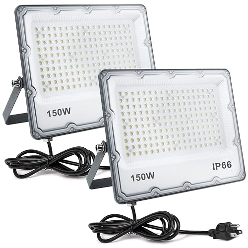 Indmird 150W LED Flood Lights Plug in, Outdoor Security Lights Fixtures 6500K 15000LM Illumination, IP66 Waterproof White Lighting for Ball Ground