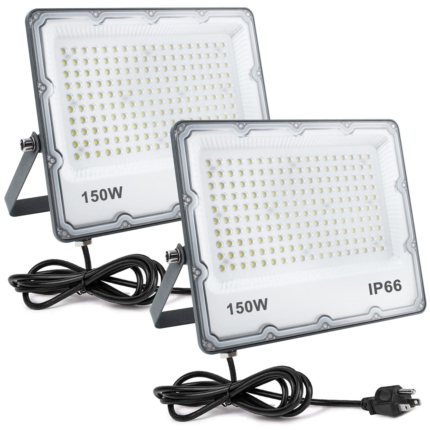 Indmird 150W LED Flood Lights Plug in, Outdoor Security Lights Fixtures 6500K 15000LM Illumination, IP66 Waterproof White Lighting for Ball Ground