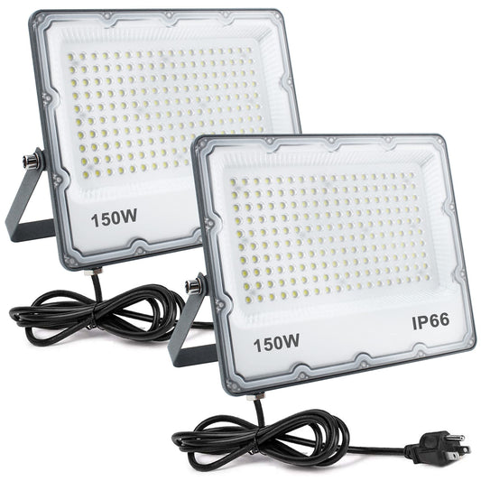 Indmird 150W LED Flood Lights Plug in, Outdoor Security Lights Fixtures 6500K 15000LM Illumination, IP66 Waterproof White Lighting for Ball Ground