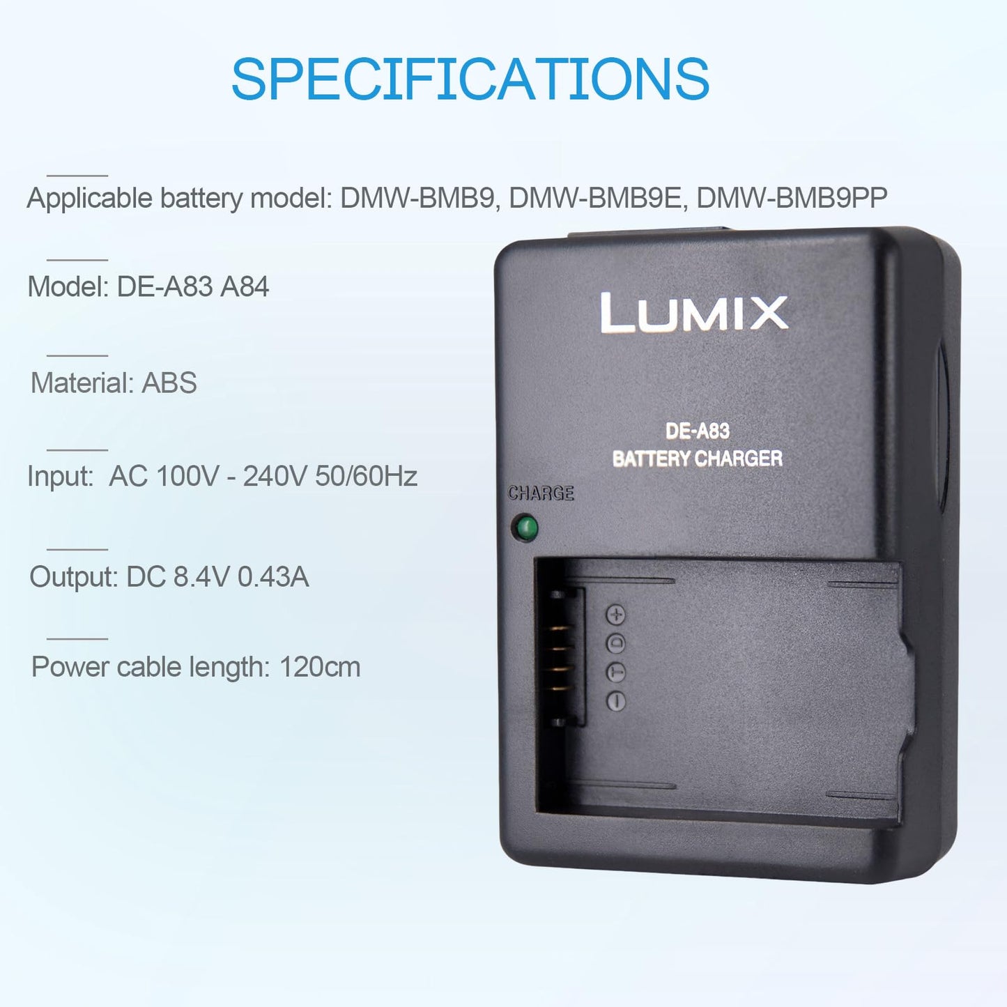DE-A83 DMW-BMB9 Battery Charger for Panasonic DE-A84 Charger Lumix DC-FZ80, DC-FZ80D, DMC-FZ40K, DMC-FZ45K, DMC-FZ47K, DMC-FZ48K, DMC-FZ60, DMC-FZ70
