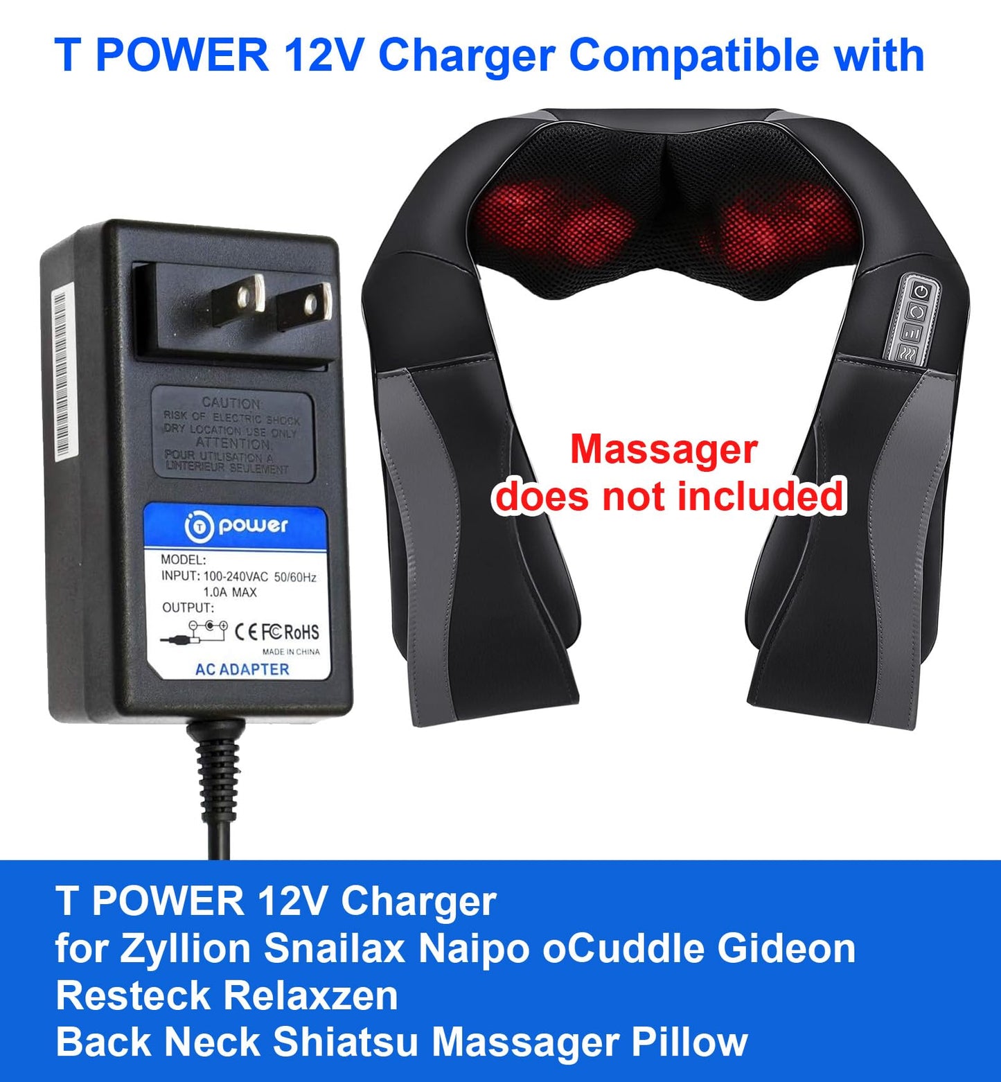 T POWER 12V Charger for Zyllion Snailax Naipo oCuddle Gideon Resteck Relaxzen TruMedic Back Neck Shiatsu Massager Pillow ZMA-25, ZMA-19, ZMA-13 Ac Dc…