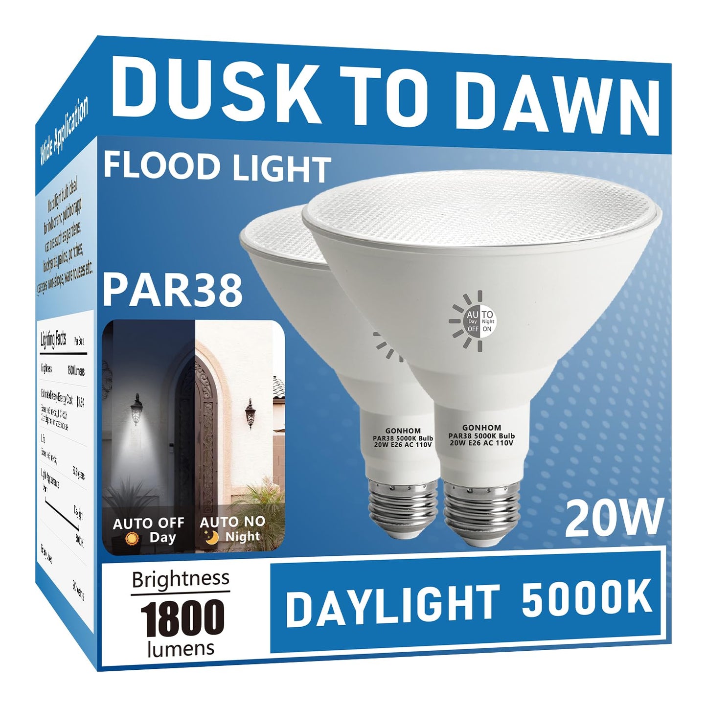Gonhom Par38 LED Dusk to Dawn Flood Light Bulbs Outdoor,20W Replace up to 200W,1800LM,E26 Base Outdoor Flood Light Bulbs