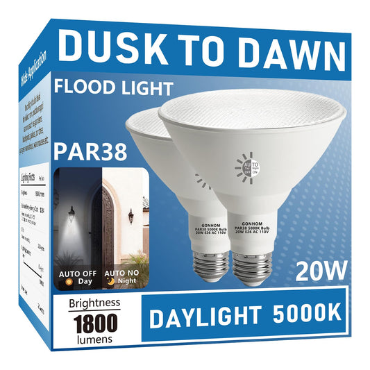 Gonhom Par38 LED Dusk to Dawn Flood Light Bulbs Outdoor,20W Replace up to 200W,1800LM,E26 Base Outdoor Flood Light Bulbs