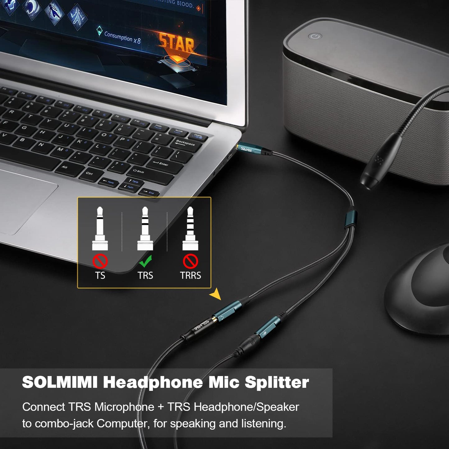 SOLMIMI Headset Adapter, 3.5mm Headphone Mic Splitter CTIA TRRS Male to Dual TRS Female Y Audio Microphone Splitter Cable for Gaming Headset to PC