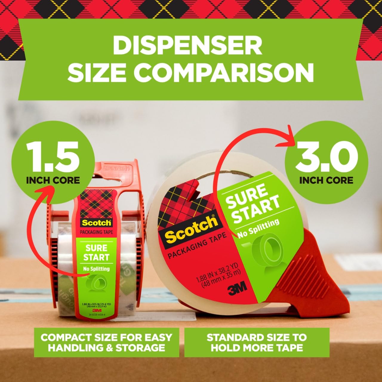 Scotch Sure Start Shipping Packaging Tape, 1.88" x 54.6 yd, Designed for Packing, Shipping and Mailing, Quiet Unwind, No Splitting or Tearing, 3"