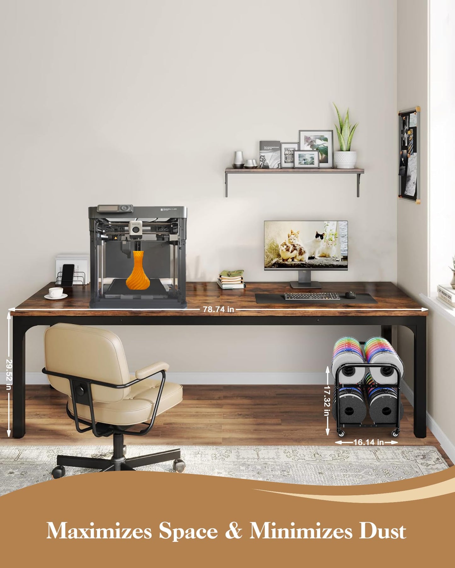 2-Tier Under Desk Filament Storage Rack, 3D Filament Storage Rolling Cart Holds 40+ 3D Printer Filament, Adjustable Filaments Rack for 250g-1KG