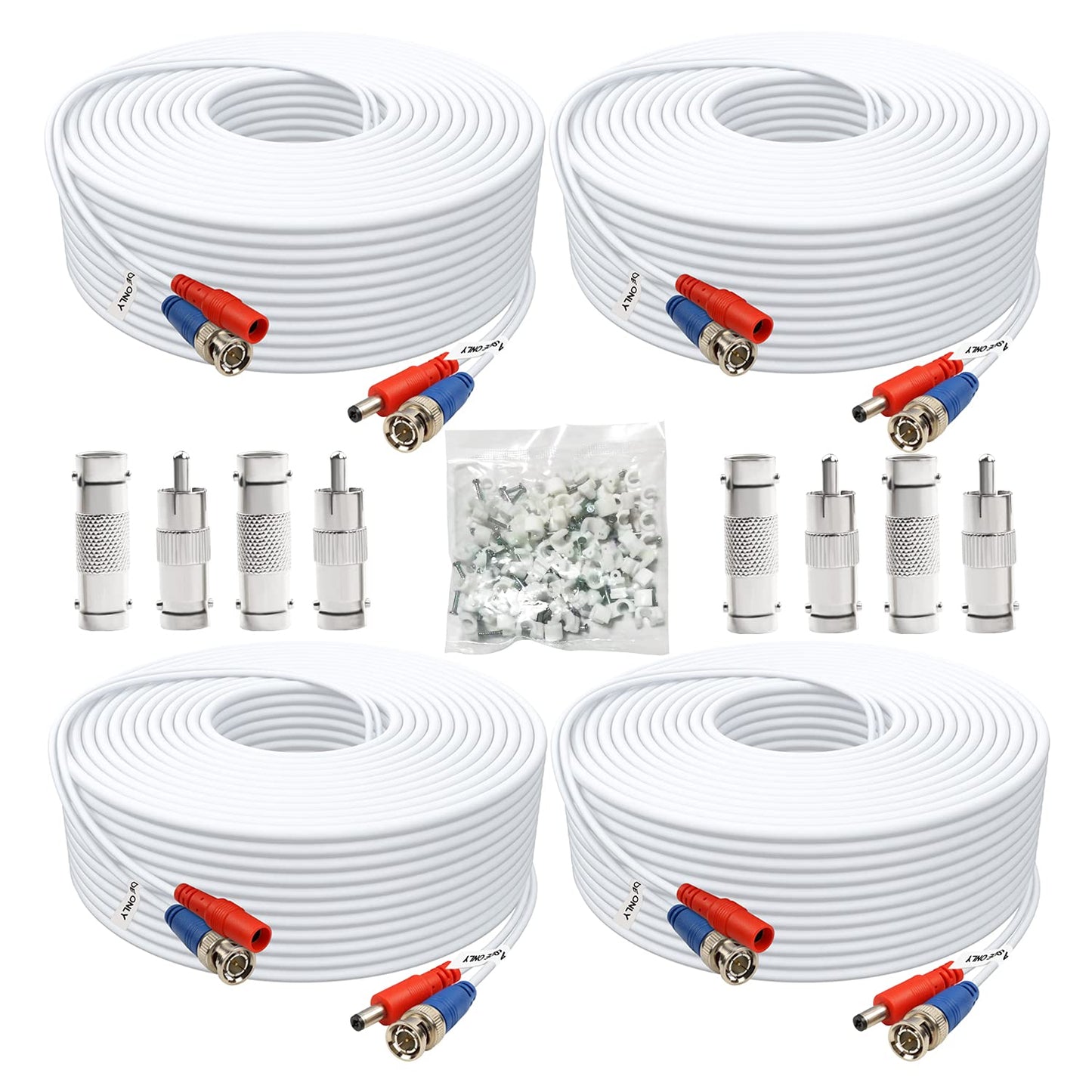 Aimyzii BNC Cable 200ft 4 Pack BNC Video Power Cable,Security Camera Cable for CCTV Camera DVR Security Systems(Included 8X BNC Adapters,100 Pcs Cable