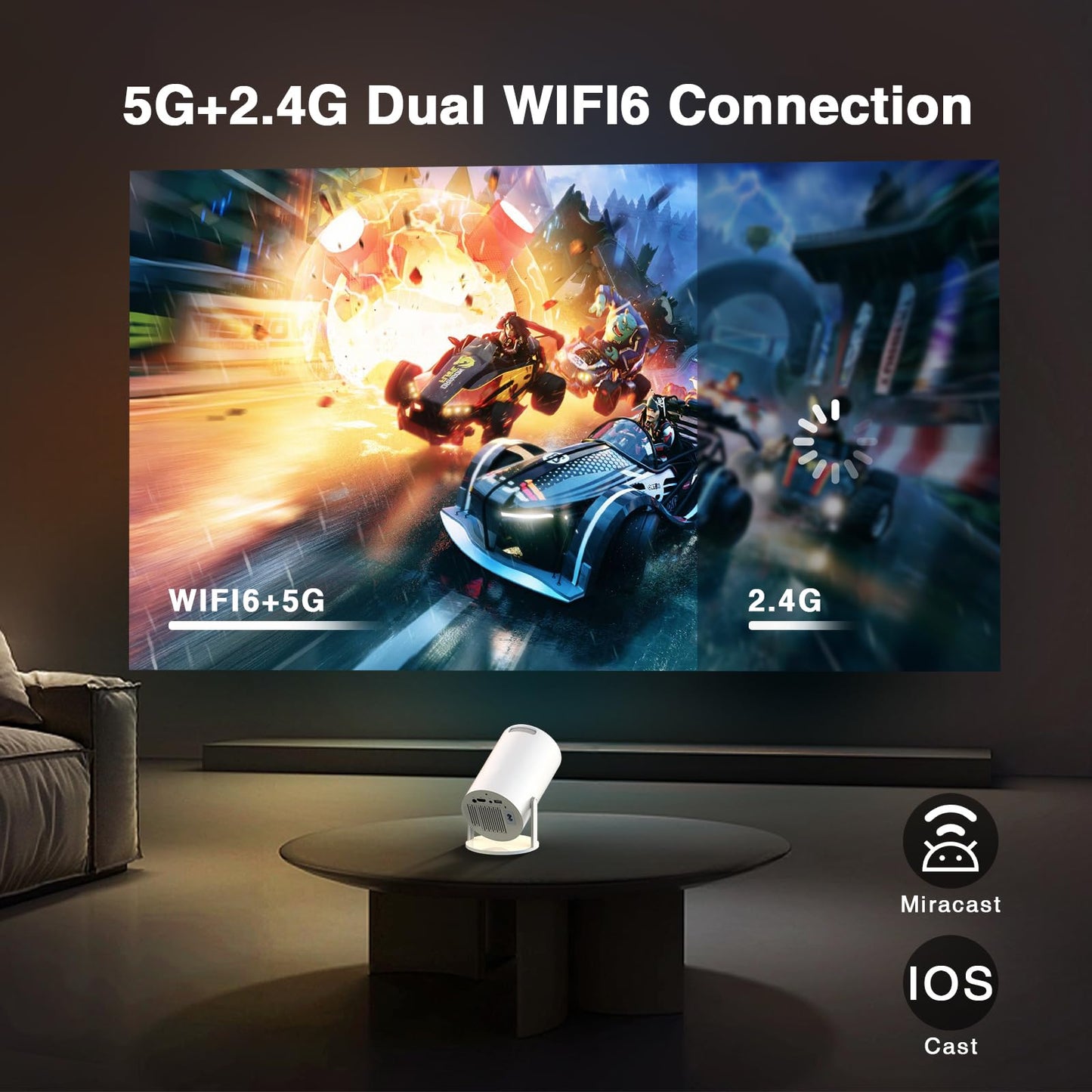 [Electronic Focus with Short Throw] PANSEBA Mini Projector with WiFi 6 and Bluetooth, Auto Keystone Outdoor Movie Projector, Big Screen Home Portable