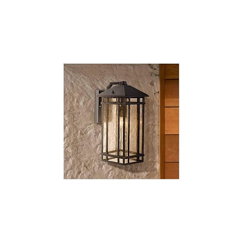 Kathy Ireland Sierra Craftsman Art Deco Outdoor Wall Light Fixture Rubbed Bronze Brown Steel 16 1/2" Seedy Glass Panels for Exterior House Porch Patio