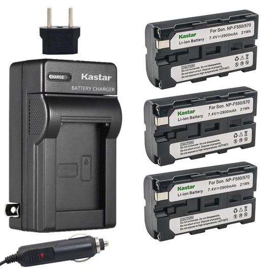 Kastar Battery 3-Pack and Charger for NP-F570 NP-F550 NP-F330 CCD-RV200 CCD-SC55 CCD-SC65 CCD-TRV66 CCD-TRV67 DSC-CD400 DSC-D700 D-V500 HDR-AX2000