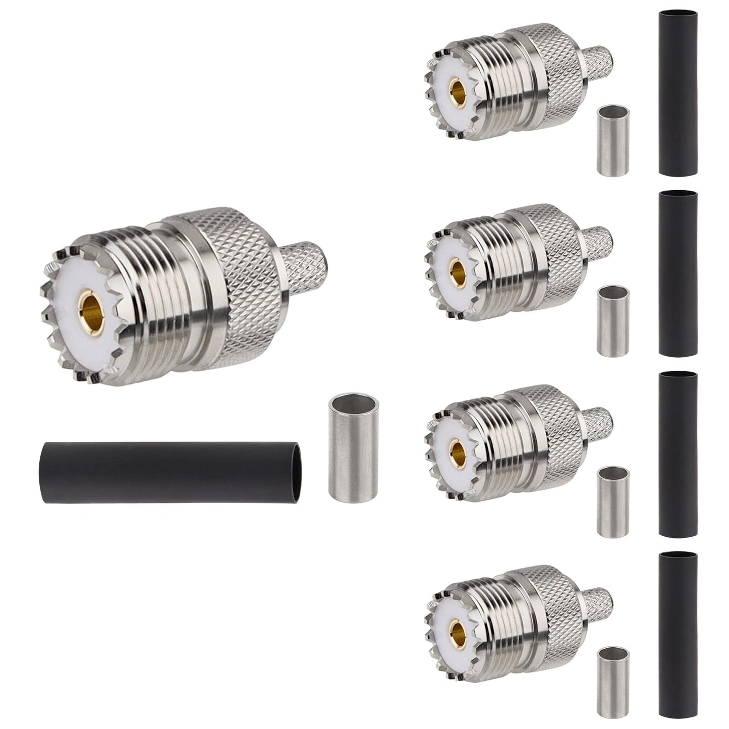 MOOKEERF 5 Pack SO239 Crimp Connectors SO-239 UHF Female Plug Crimp Coax Connector Adapter PL259 RF Connector for RG58/RG142/RG400/LMR195/KSR195/3D-FB