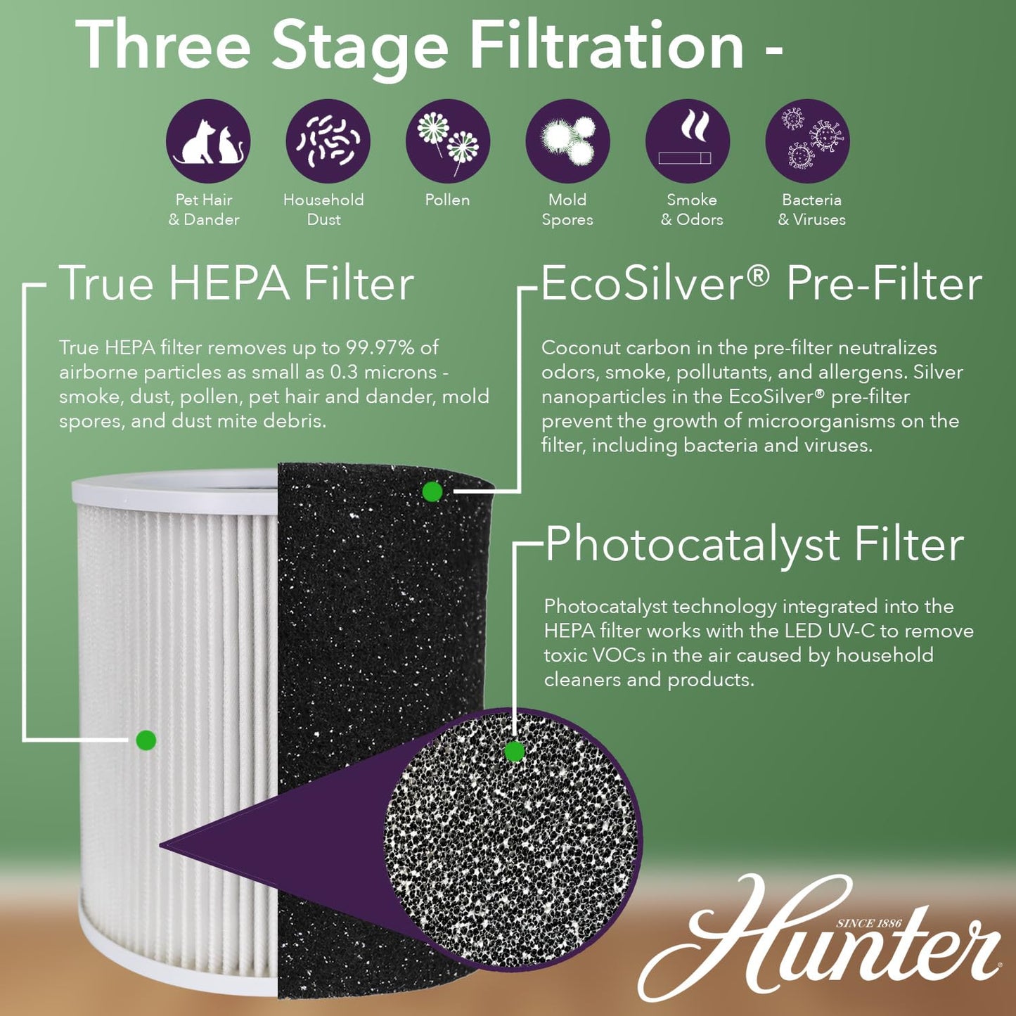 Hunter HP450UV Round Air Purifiers for Home, True HEPA Air Purifier Tower for Pets, Odors, Allergens, Smoke, Dust, VOC's. HEPA Air Purifiers