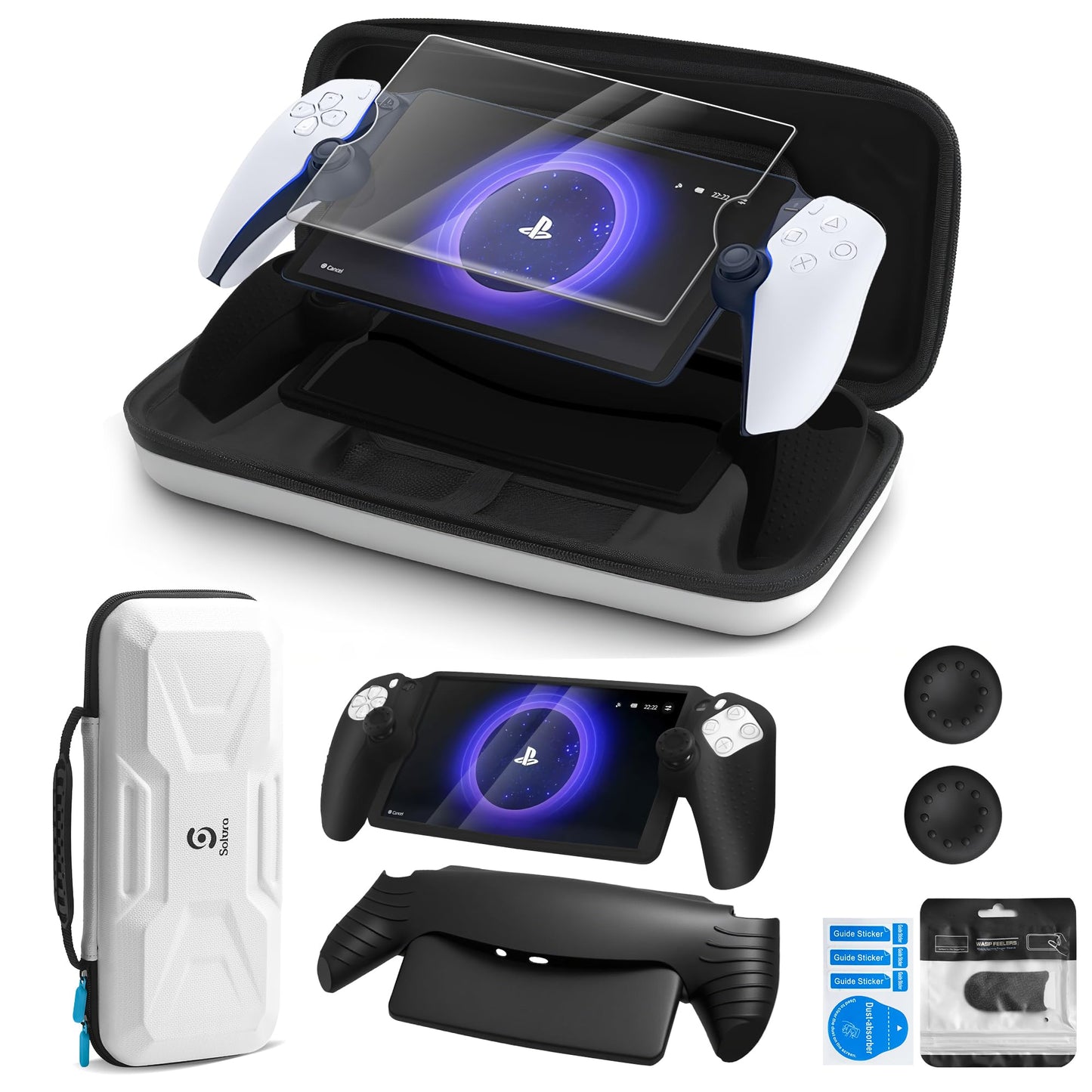 SOLURA 5-in-1 Case - Accessories Kit with EVA Travel Case, Console Cover, Screen Protector, Thumb Grips & Button Caps - for gaming console, Black