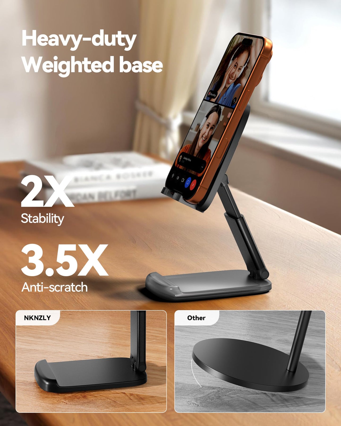 2 Pack Cell Phone Stand for Desk, iPad Stand [Height Adjustable & Upgraded Stable Base] Foldable & Non-Slip Silicone Pad Phone Holder, iPhone Stand