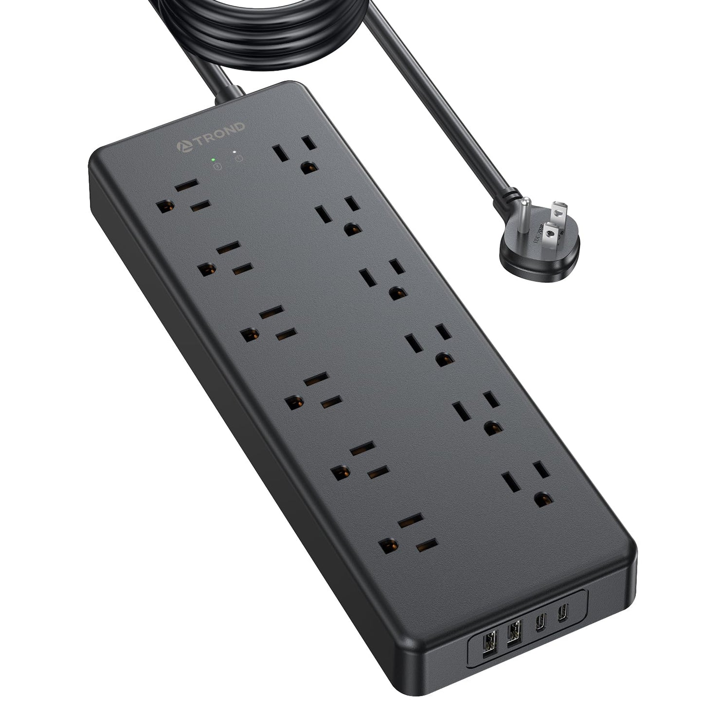TROND Long Extension Cord 15 FT, ETL, Surge Protector Power Strip with 12 AC Outlets and 4 USB Ports, Flat Plug Power Strip, 4000J, Wall Mount
