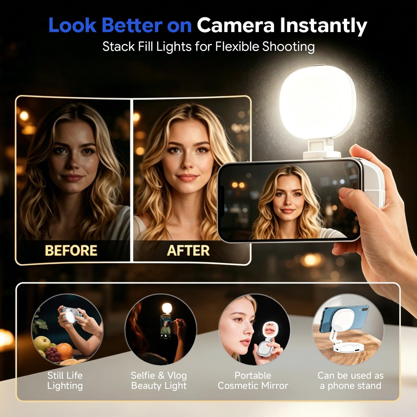 Ergonomic Phone Camera Grip with Selfie Light, Compatible with MagSafe