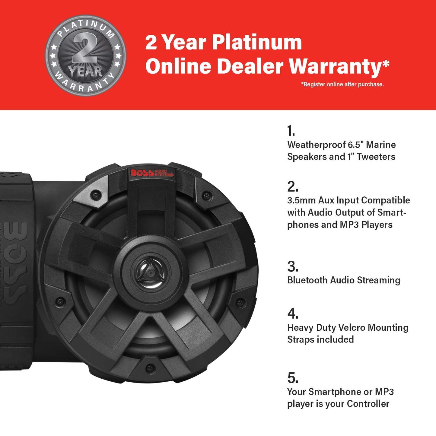 BOSS Audio Systems ATVB6.5R ATV UTV Weatherproof Sound System - 6.5 Inch Speakers, 1 Inch Tweeters, Built-in Amplifier, Bluetooth, Rechargeable