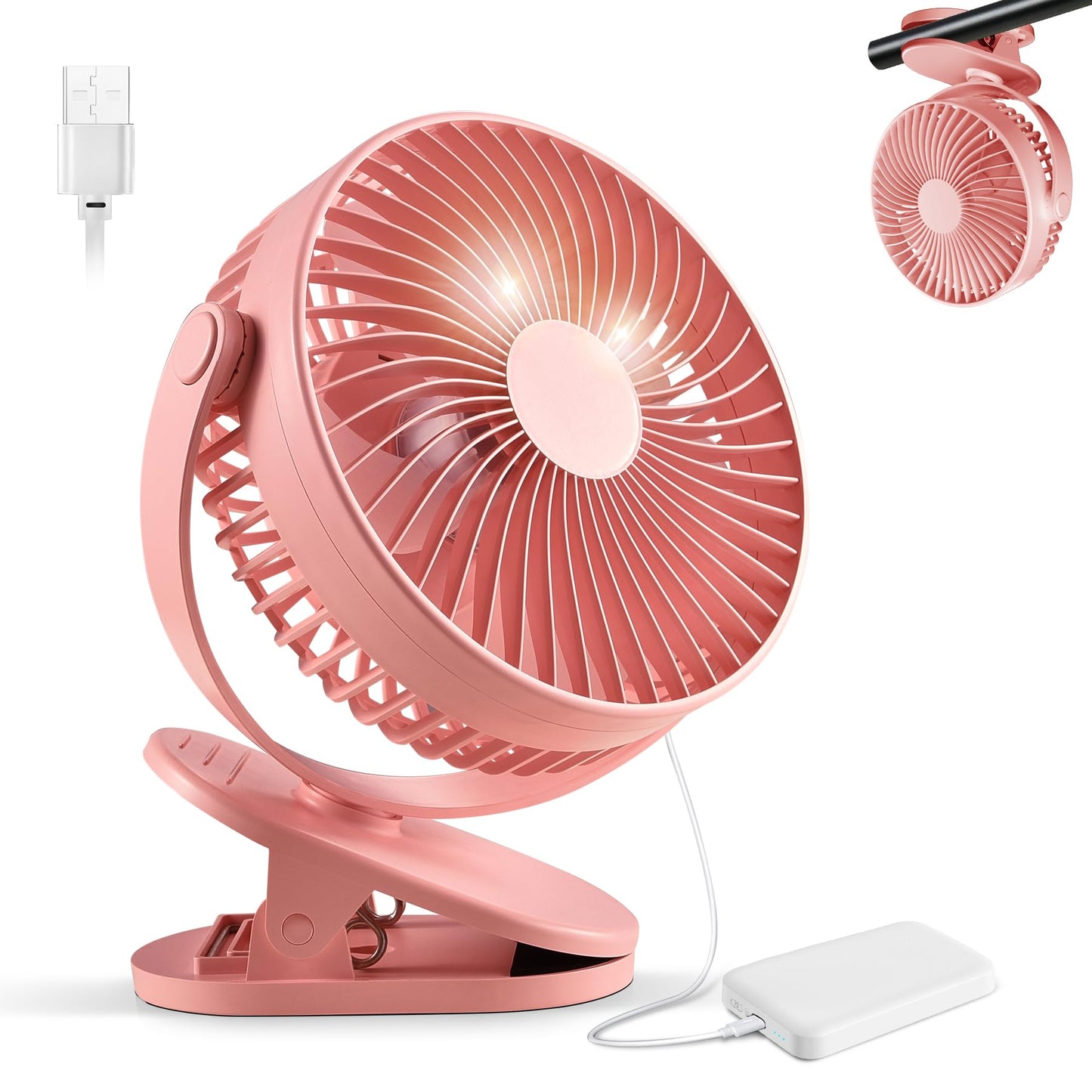 PORFRITOR Clip on Fan Rechargeable, 8-Inch Battery Operated Desk Fan, USB Fan, 5Speeds, Strong Airflow, Sturdy Clamp for Golf Cart Office Desk Outdoor