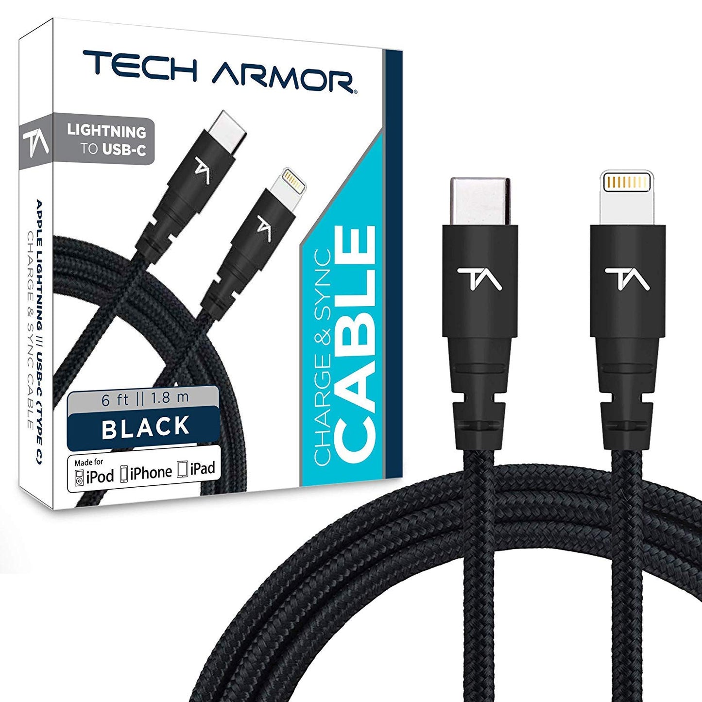 Tech Armor Apple MFi Certified 6 FT USB C to Lightning Sync/Charge Cable Compatible with iPhone, iPad, MacBook and iPod, Supports Fast Charge (with…