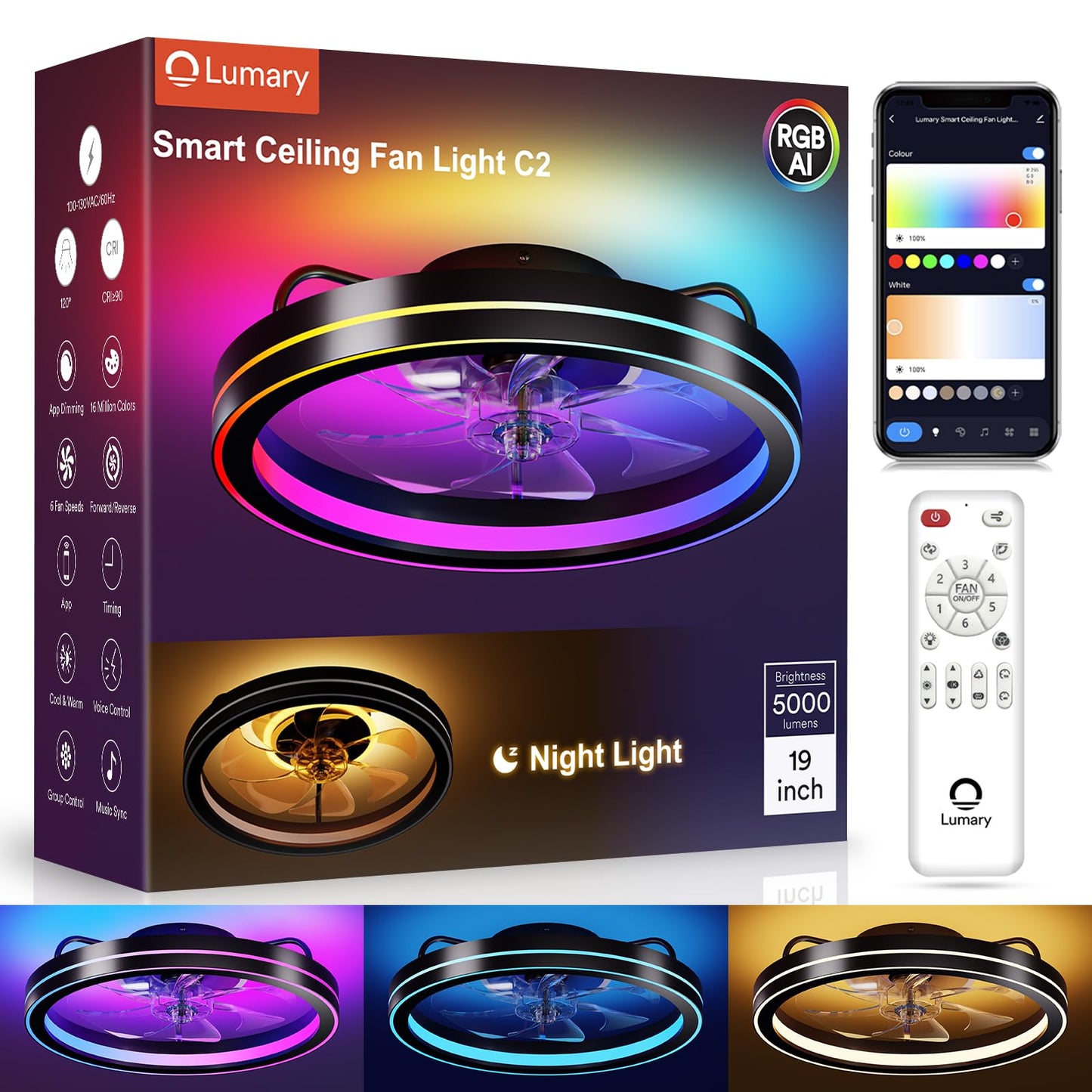 Lumary Smart Ceiling Fans with Lights and Remote, WiFi & Bluetooth Low Profile Ceiling Fan with 2200K Nightlight for Bedroom, RGBAI & 42 Scenes Mode