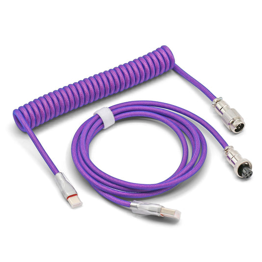 Glacier Premium Durable Quality Braided USB-C to USB-A Coiled Cable with Detachable Metal Aviator Connector Plug for Mechanical Keyboard (Violet