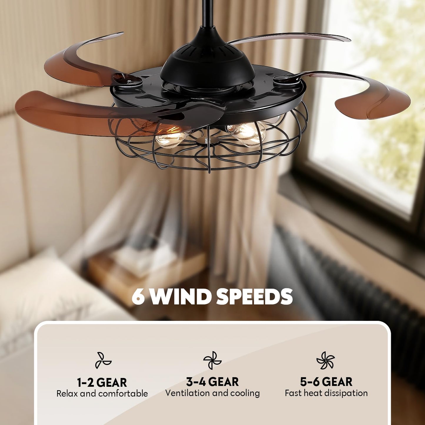 MOOONICHE 48" Industrial Caged Ceiling Fan with Light and Remote, Vintage Retractable Blades Ceiling Fan with Lights, Farmhouse Black Fandelier