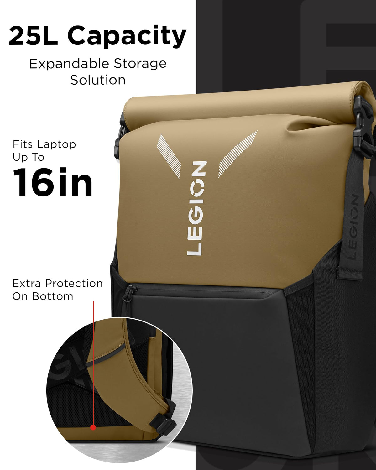 Lenovo Legion Gaming Laptop Backpack GB500, Expandable Capacity up to 25L, Fits 16-inch Laptops, Water Resistant